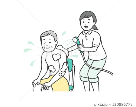 入浴介助をする介護士とシャワーを浴びる高齢男性のイラスト 120886775