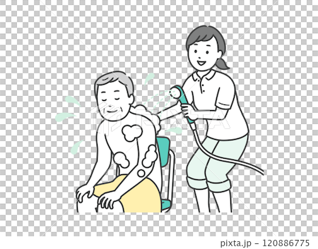 入浴介助をする介護士とシャワーを浴びる高齢男性のイラスト 120886775