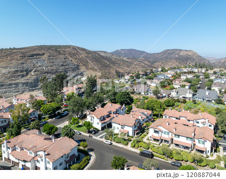 Aerial view of residential subdivision house neighborhood in Mission Mesa. South California, USA Aerial view of residential subdivision house neighborhood in Mission Mesa. South California, USA 120887044