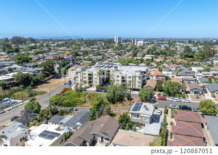 Aerial view above Hillcrest neighborhood in San Diego, California 120887051