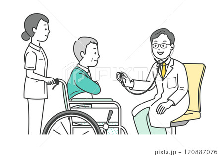 病院で診察を受ける高齢男性と付き添いの看護師と医師のイラスト 病院で診察を受ける高齢男性と付き添いの看護師と医師のイラスト 120887076