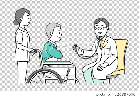 Illustration of an elderly man receiving a medical examination at a hospital and his accompanying nurse and doctor 120887076