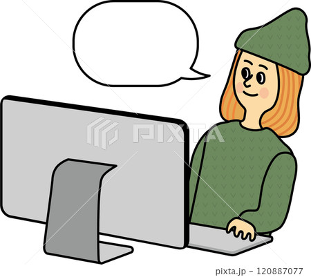 パソコン女子 パソコン　仕事　Mac デスクトップ　カジュアル　イラスト　女性 吹き出し 120887077