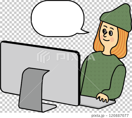 パソコン女子 パソコン　仕事　Mac デスクトップ　カジュアル　イラスト　女性 吹き出し 120887077