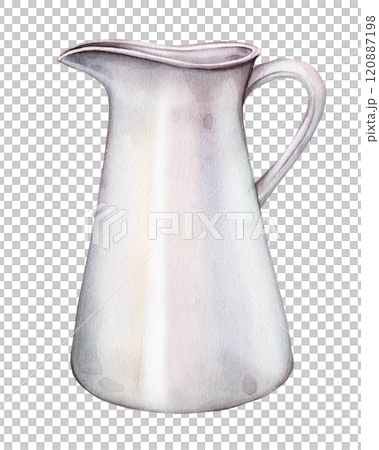 Watercolor illustration light colored jug for milk. Container hand drawn painted in watercolor isolated on white background. Farm jug for organic food. hand drawn sketch vintage white aluminum jar. 120887198