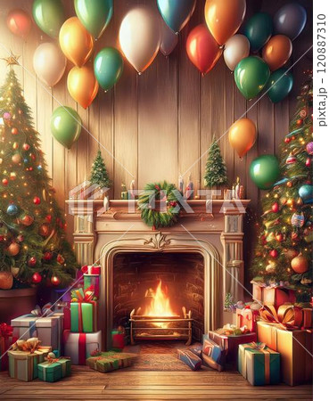 クリスマスパーティーの準備がされた可愛い暖炉のある部屋のイメージf　ai生成画像 120887310