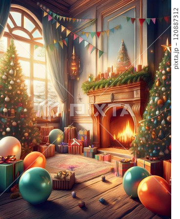 クリスマスパーティーの準備がされた可愛い暖炉のある部屋のイメージe ai生成画像 クリスマスパーティーの準備がされた可愛い暖炉のある部屋のイメージe ai生成画像 120887312