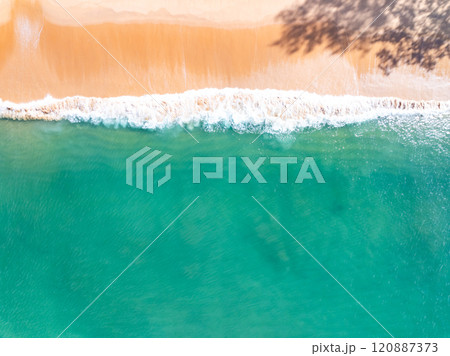 Amazing sea surface in summer season background,Nature waves sea beach background,High angle view waves seascape nature view,Wide angle drone shot,Top view beach sand 120887373