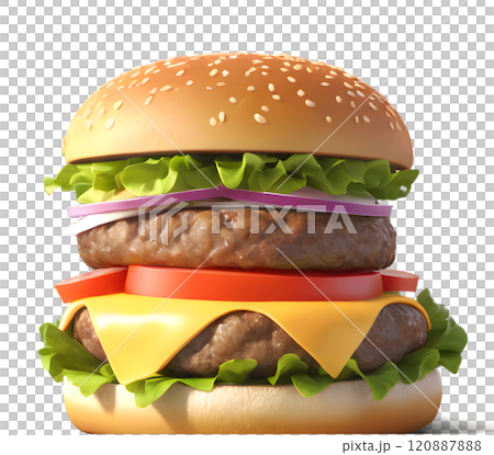 Juicy double burger stacked high with fresh ingredients and vibrant colors ready to tantalize taste buds. Generative AI 120887888