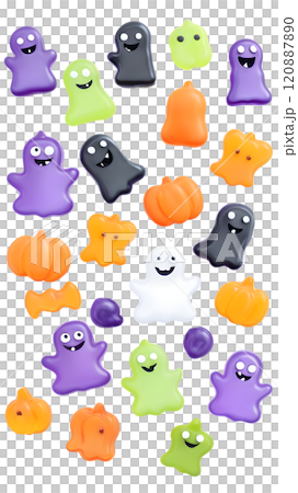 Colorful Halloween-themed candies arranged artfully on a dark background creating a vibrant festive atmosphere. Generative AI 120887890