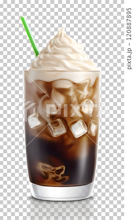 Delightful iced coffee creation adorned with creamy whipped topping and vibrant green straw for a refreshing experience. Generative AI 120887895
