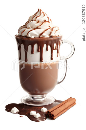 Deliciously decadent hot chocolate topped with whipped cream and chocolate drizzle in a clear glass cup. Generative AI 120887910