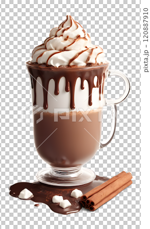 Deliciously decadent hot chocolate topped with whipped cream and chocolate drizzle in a clear glass cup. Generative AI 120887910