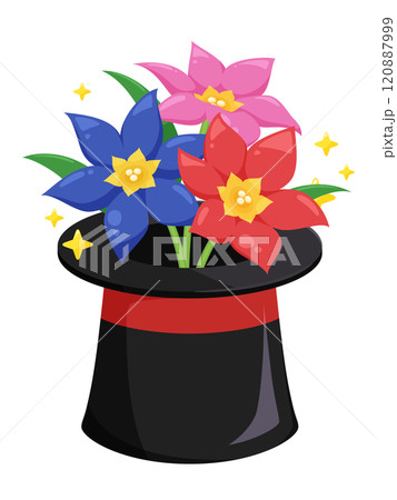 手品でシルクハットから飛び出す花のイラスト 120887999