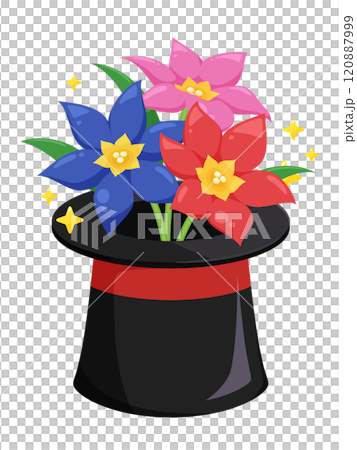 手品でシルクハットから飛び出す花のイラスト 120887999