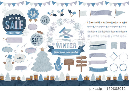 冬のフレームイラストセット 雪の結晶フレーム リボン 冬のフレームイラストセット 雪の結晶フレーム リボン 120888012