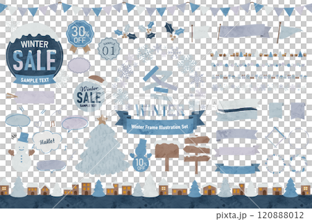 冬のフレームイラストセット 雪の結晶フレーム リボン 冬のフレームイラストセット 雪の結晶フレーム リボン 120888012