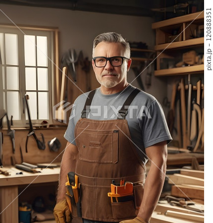 Craftsman in a woodworking shop amidst tools and wood, demonstrating dedication and skill in his craft. Generative AI 120888351