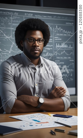 Focused analyst in modern office analyzes data trends and statistics during a productive workday surrounded by graphs and charts. Generative AI 120888380