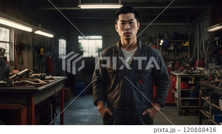 A skilled mechanic stands confidently in his workshop, surrounded by tools and equipment, embodying dedication and craftsmanship. Generative AI 120888416
