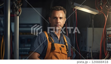 A skilled electrician in a dimly lit workshop focuses on intricate wiring tasks during evening hours. Generative AI 120888418