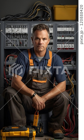 A skilled electrician working diligently amidst a tangle of wires in a modern electrical workshop at dusk. Generative AI 120888420