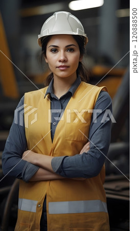 A confident woman in a hard hat and safety vest stands tall in a bustling construction site, showcasing her role in the industry. Generative AI A confident woman in a hard hat and safety vest stands tall in a bustling construction site, showcasing her role in the industry. Generative AI 120888500