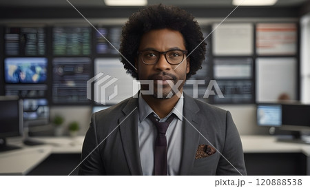 Professional man with curly hair in a business suit standing confidently in a modern office decorated with technology. Generative AI Professional man with curly hair in a business suit standing confidently in a modern office decorated with technology. Generative AI 120888538