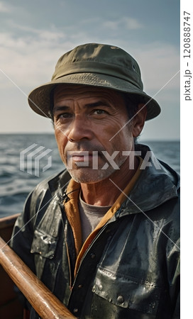 A seasoned fisherman navigates the tranquil waters at dawn, reflecting on a lifetime of stories under the early morning sky. Generative AI 120888747