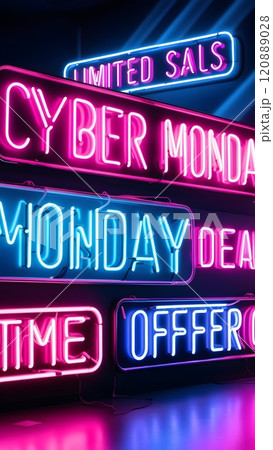 Vibrant neon signs advertising Cyber Monday deals in a modern shopping scene filled with excitement and holiday spirit. Generative AI 120889028