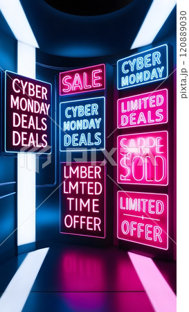 Bright neon signs advertising Cyber Monday deals in a modern, vibrant shopping space during the holiday season. Generative AI Bright neon signs advertising Cyber Monday deals in a modern, vibrant shopping space during the holiday season. Generative AI 120889030