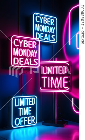 Vibrant neon signs promoting limited-time offers and Cyber Monday deals in a modern retail setting. Generative AI 120889031