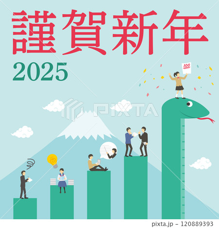 2025年の巳と学生と先生が乗ったグラフの年賀状_2_謹賀新年_明朝_正方形 120889393