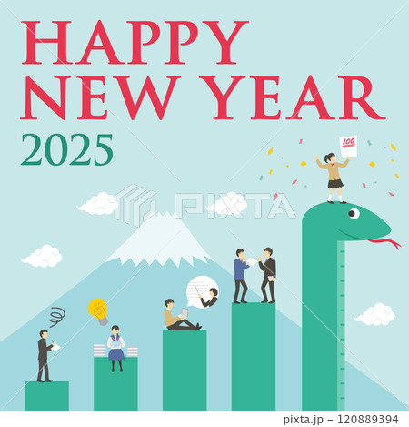 2025年の巳と学生と先生が乗ったグラフの年賀状_2_happy new year_正方形 120889394