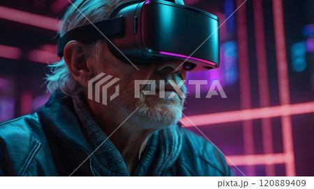 An elderly man immerses himself in virtual reality, exploring digital landscapes in a vibrant and futuristic setting. Generative AI 120889409