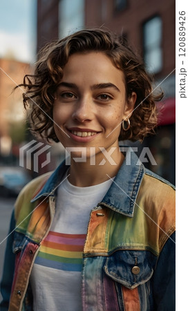 A young woman with curly hair wearing a colorful denim jacket smiles warmly on a vibrant city street during golden hour. Generative AI 120889426