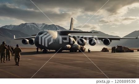 Military personnel unload cargo from a transport aircraft in a mountainous landscape during golden hour. Generative AI 120889530