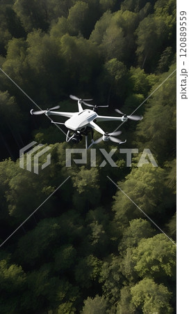 Aerial exploration of lush green forest with a drone navigating through treetops on a bright sunny day. Generative AI 120889559