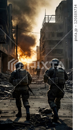 Brave soldiers advance through a devastated urban landscape enveloped in smoke and flames during a fierce battle at dusk. Generative AI 120889734