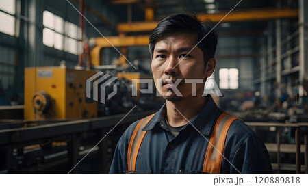 Focused engineer in a bustling workshop during late afternoon, surrounded by machinery and tools showcasing craftsmanship. Generative AI 120889818