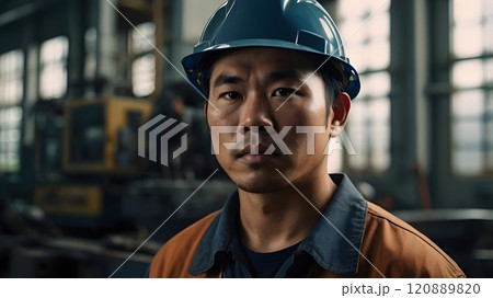 A focused worker stands confidently in an industrial workshop, embodying dedication and skill in a bustling environment. Generative AI 120889820