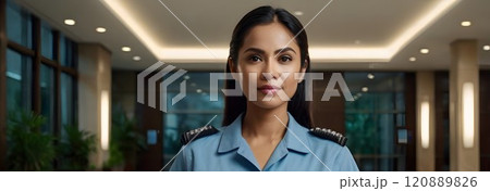 A poised police officer stands confidently in a modern station, embodying professionalism and dedication to community safety. Generative AI 120889826