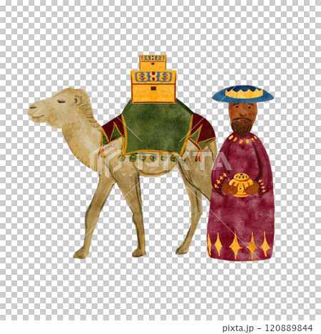 Wise man and a camel with gifts, gold, Christmas watercolor composition. Hand painted art for card, posters, stickers, tape, decoration for celebration of true Christmas. Cute minimalistic clip art 120889844