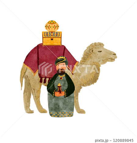 Wise man and a camel with gifts, gold, myrrh, frankincense Christmas watercolor composition. Hand painted art for card, posters, stickers, decoration for celebration of true Christmas. Clip art Wise man and a camel with gifts, gold, myrrh, frankincense Christmas watercolor composition. Hand painted art for card, posters, stickers, decoration for celebration of true Christmas. Clip art 120889845