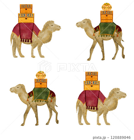 Camel with gifts in chests Christmas watercolor seamless pattern. Hand painted seamless border for textile, posters, stickers, wrapping paper decoration for Christmas. Cute minimalistic clip art 120889846