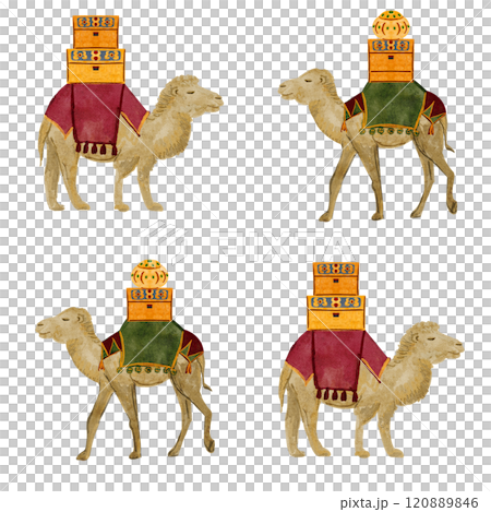 Camel with gifts in chests Christmas watercolor seamless pattern. Hand painted seamless border for textile, posters, stickers, wrapping paper decoration for Christmas. Cute minimalistic clip art 120889846