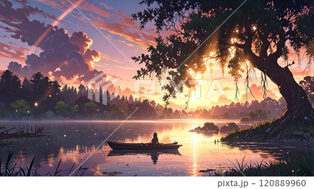 Serene twilight on the water as a solitary rower reflects amidst vibrant clouds and sparkling water in an enchanting forest. Generative AI 120889960