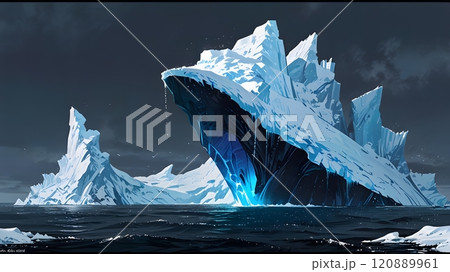Majestic iceberg illuminated by a radiant blue hue, floating serenely in the tranquil Arctic waters under a cloud-covered sky. Generative AI 120889961