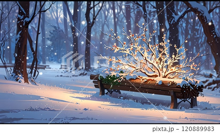 A serene winter park bathed in soft light as a snow-covered bench cradles a glowing tree, creating a magical ambiance. Generative AI 120889983