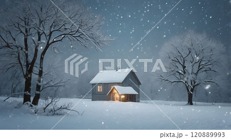 A cozy winter evening in a snow-covered landscape with a warm glow emanating from a secluded cabin at dusk. Generative AI 120889993